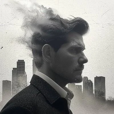 Portrait of Ben in profile against a city skyline