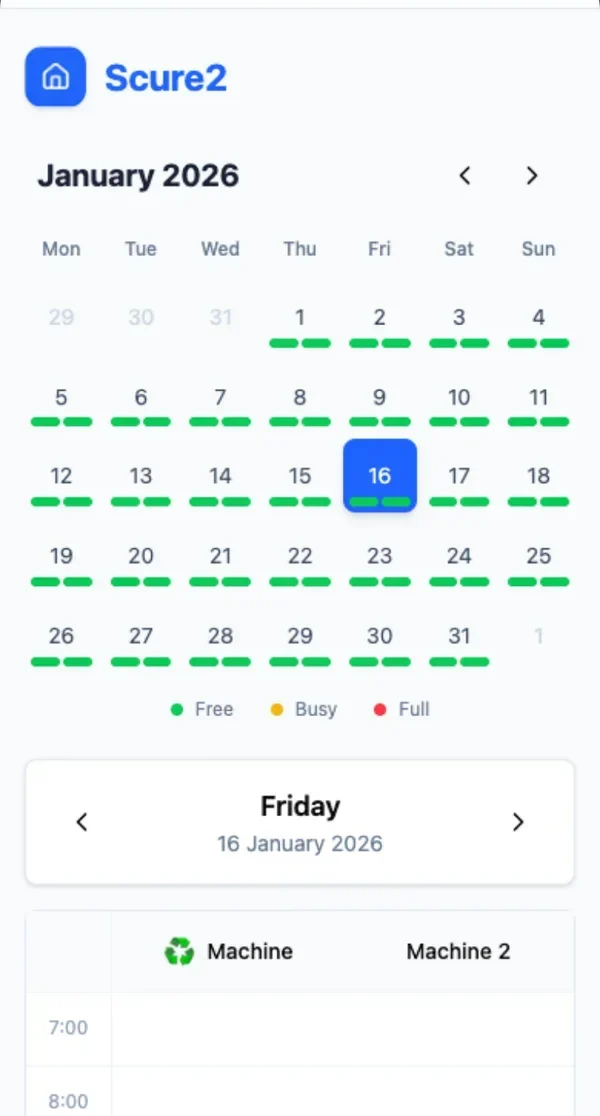 EasyLaundry booking calendar showing free slots for each day