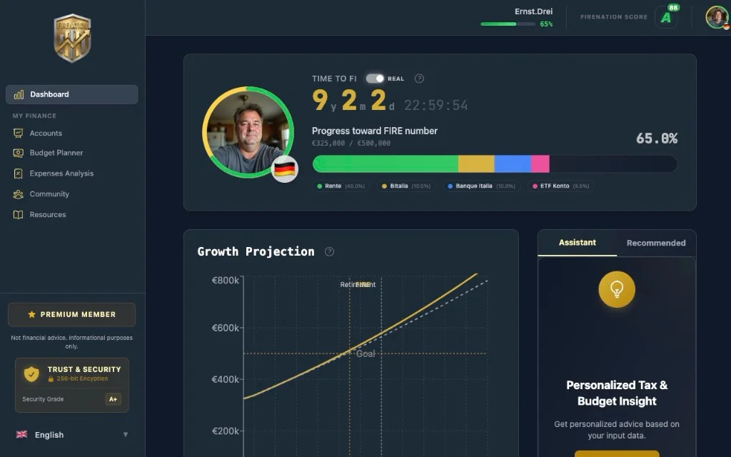 FireNation dashboard with progress toward financial independence and a growth projection