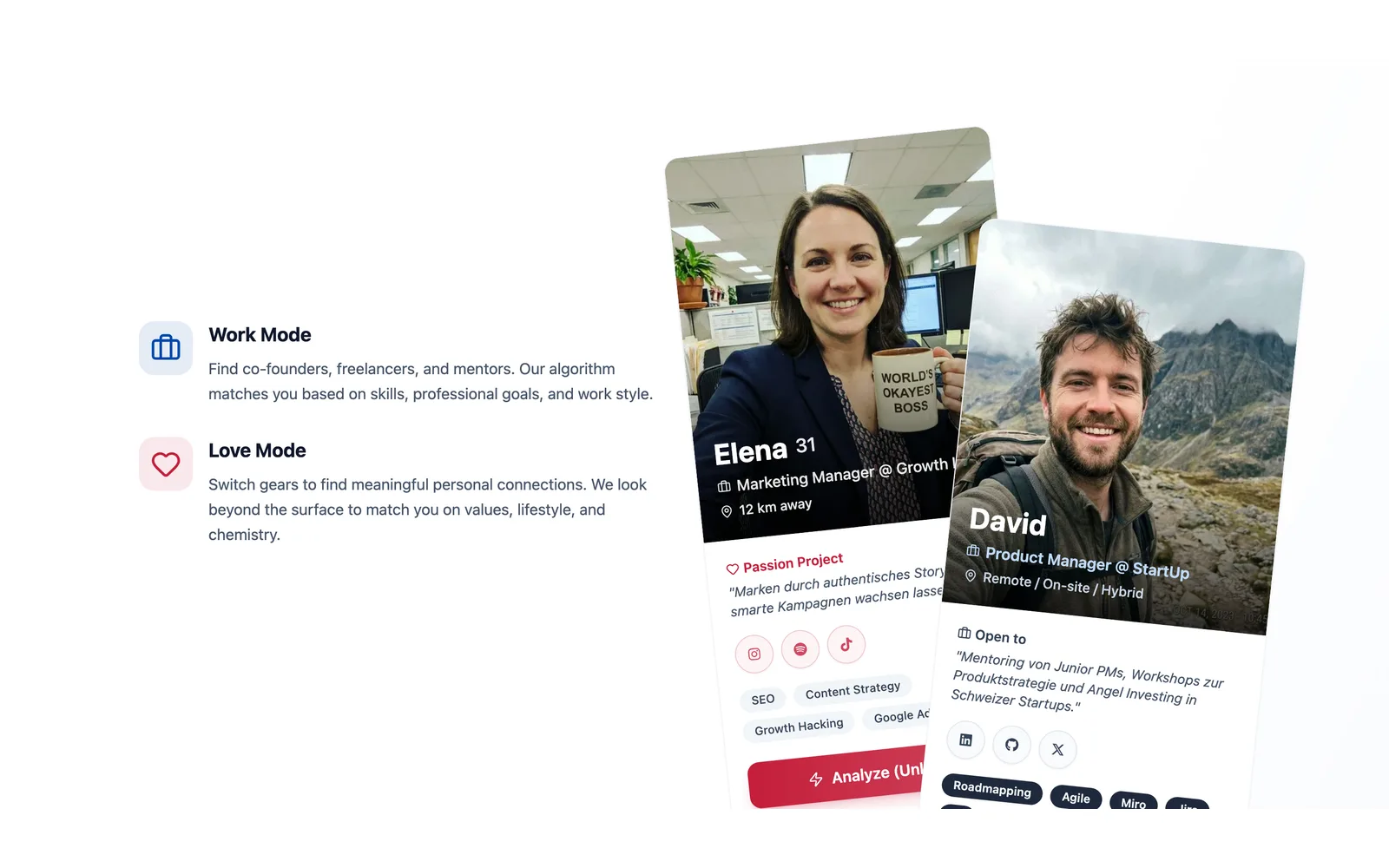 LovenWork profile cards with Work Mode and Love Mode